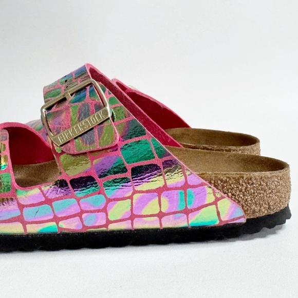 Birkenstock Arizona Sandal Slide Leather Pink Gator Gleem Hologram Iridescent 8 - Picture 5 of 9